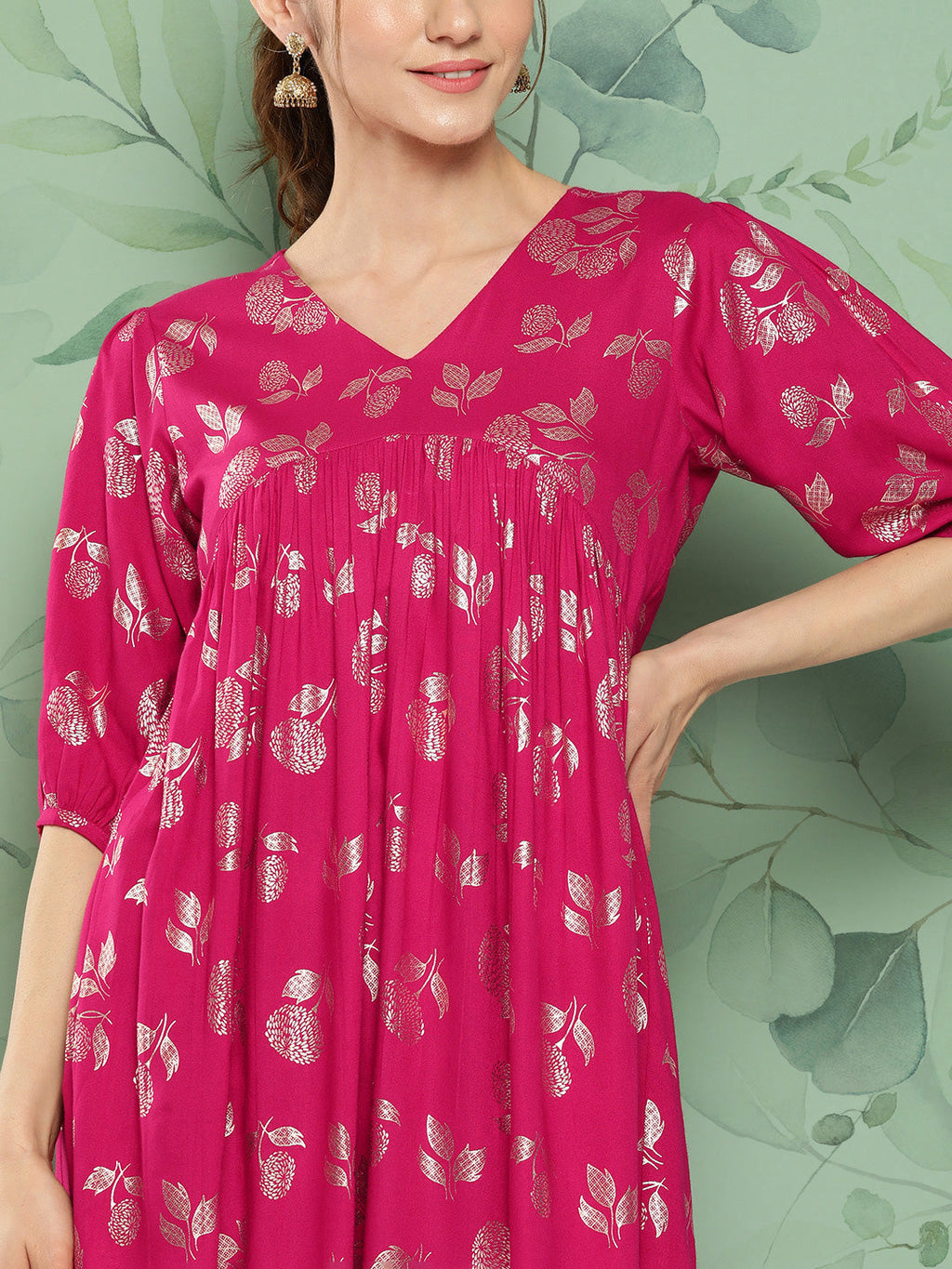 Janasya Women's Pink Rayon Foil Printed Festive Gathered Kurta