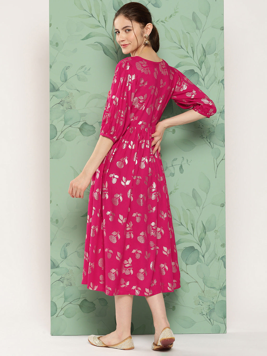 Janasya Women's Pink Rayon Foil Printed Festive Gathered Kurta