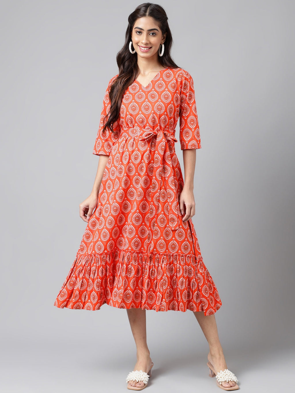 Janasya Women's Orange Cotton Ethnic Motifs Printed Ruffled Casual Dress