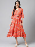 Janasya Women's Orange Cotton Ethnic Motifs Printed Ruffled Casual Dress