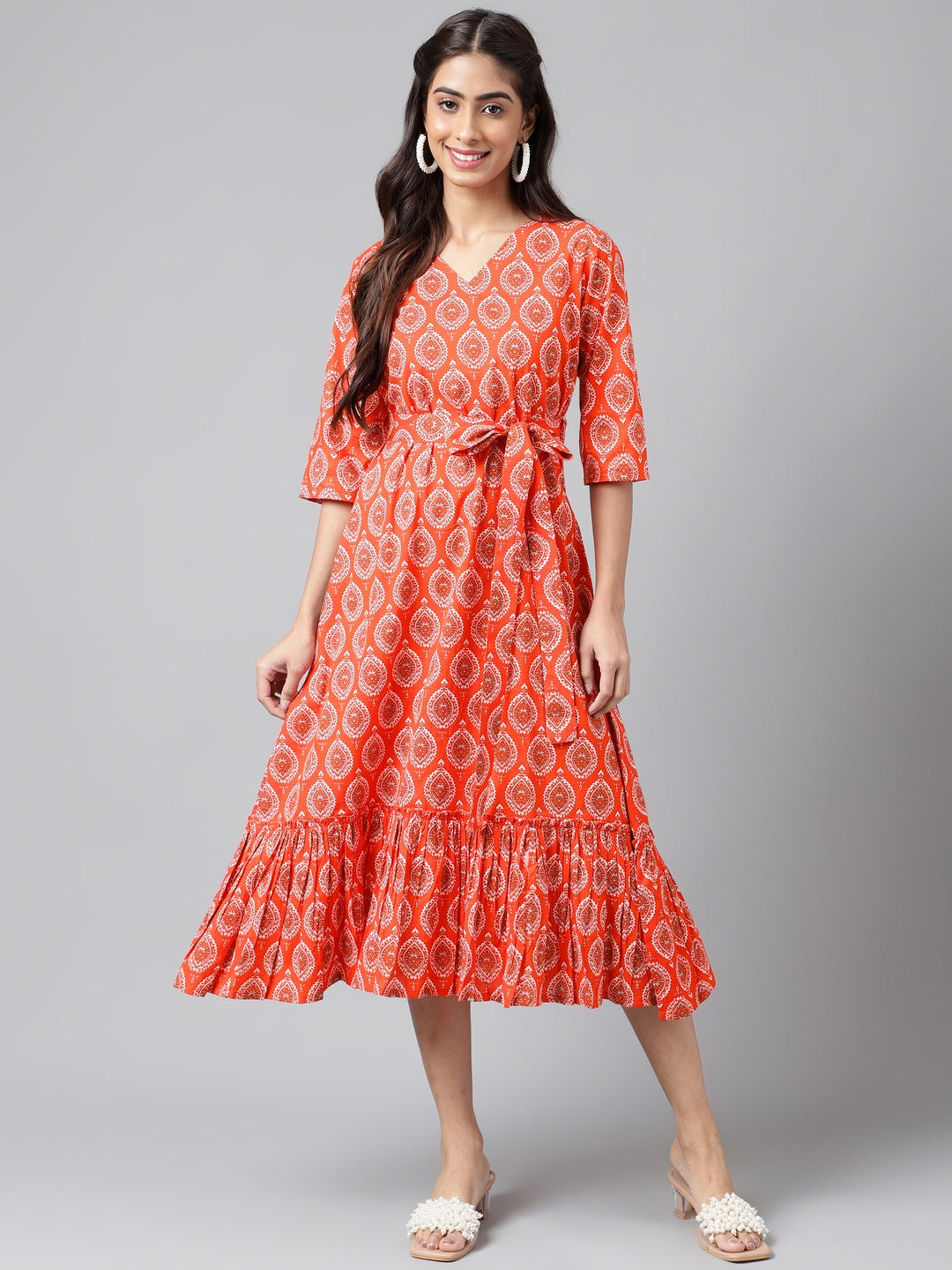 Janasya Women's Orange Cotton Ethnic Motifs Printed Ruffled Casual Dress