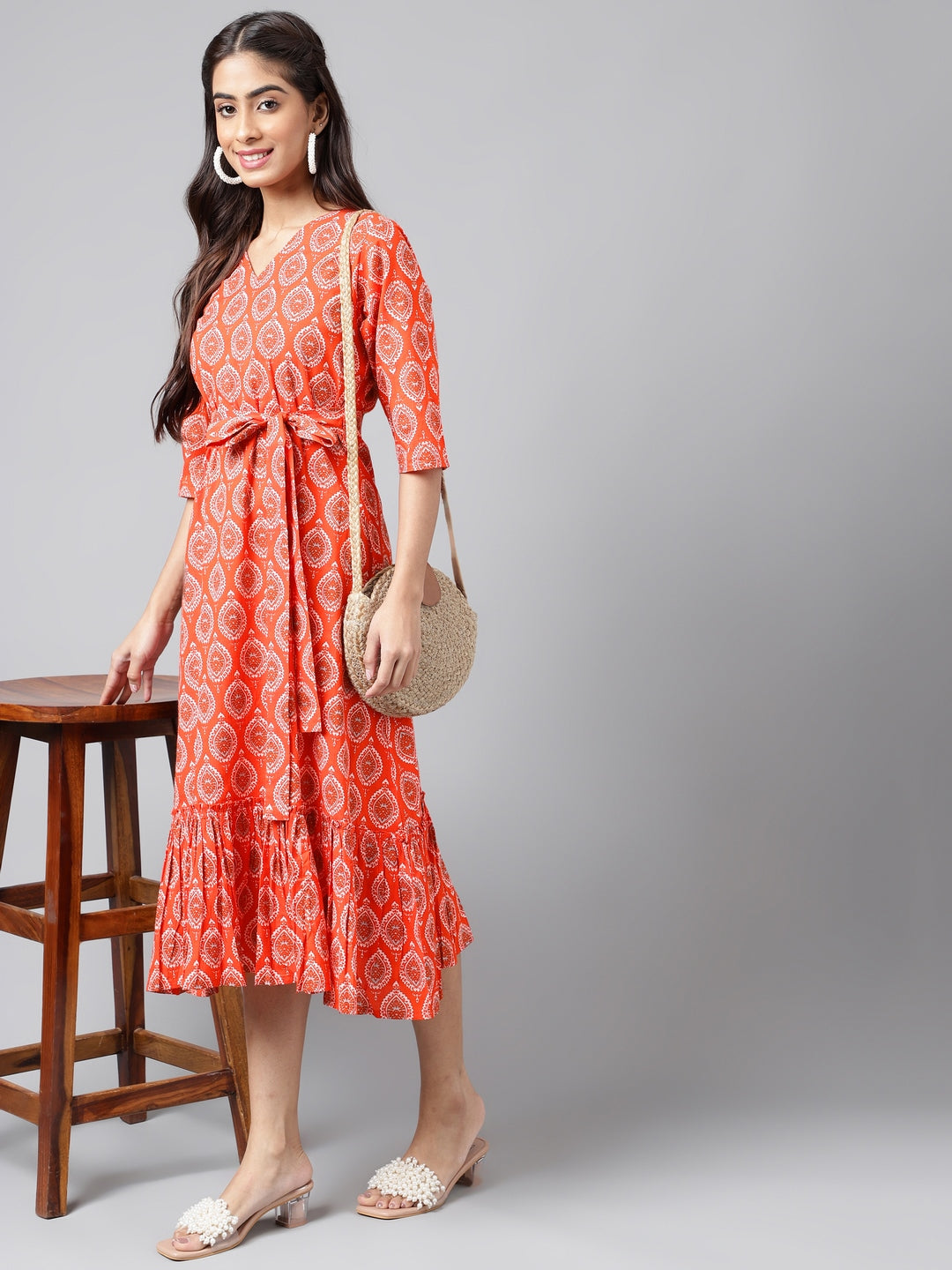 Janasya Women's Orange Cotton Ethnic Motifs Printed Ruffled Casual Dress