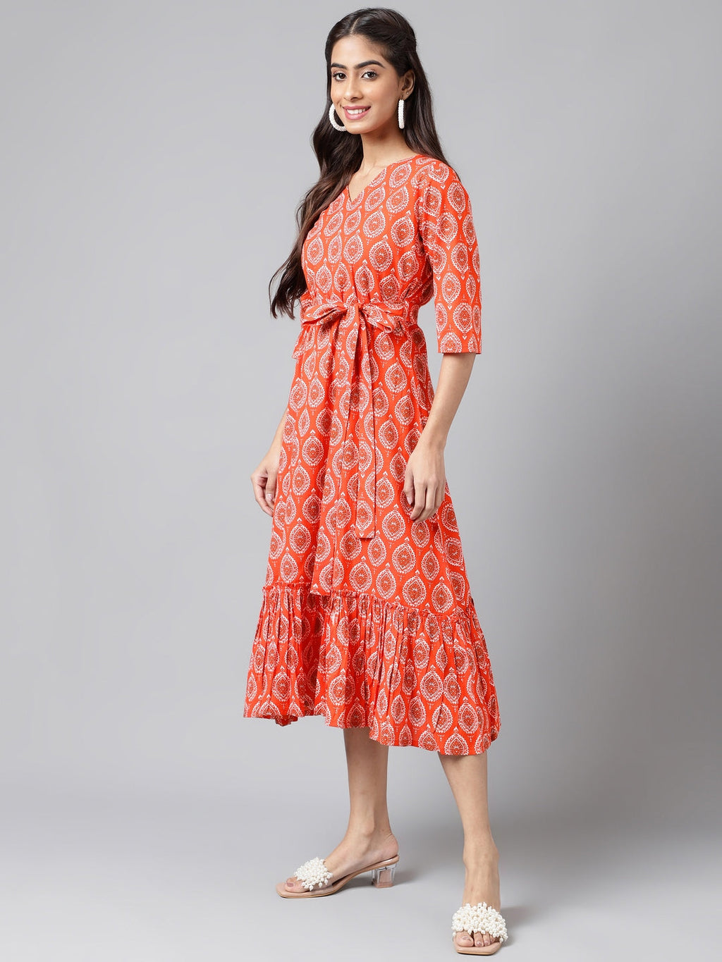 Janasya Women's Orange Cotton Ethnic Motifs Printed Ruffled Casual Dress