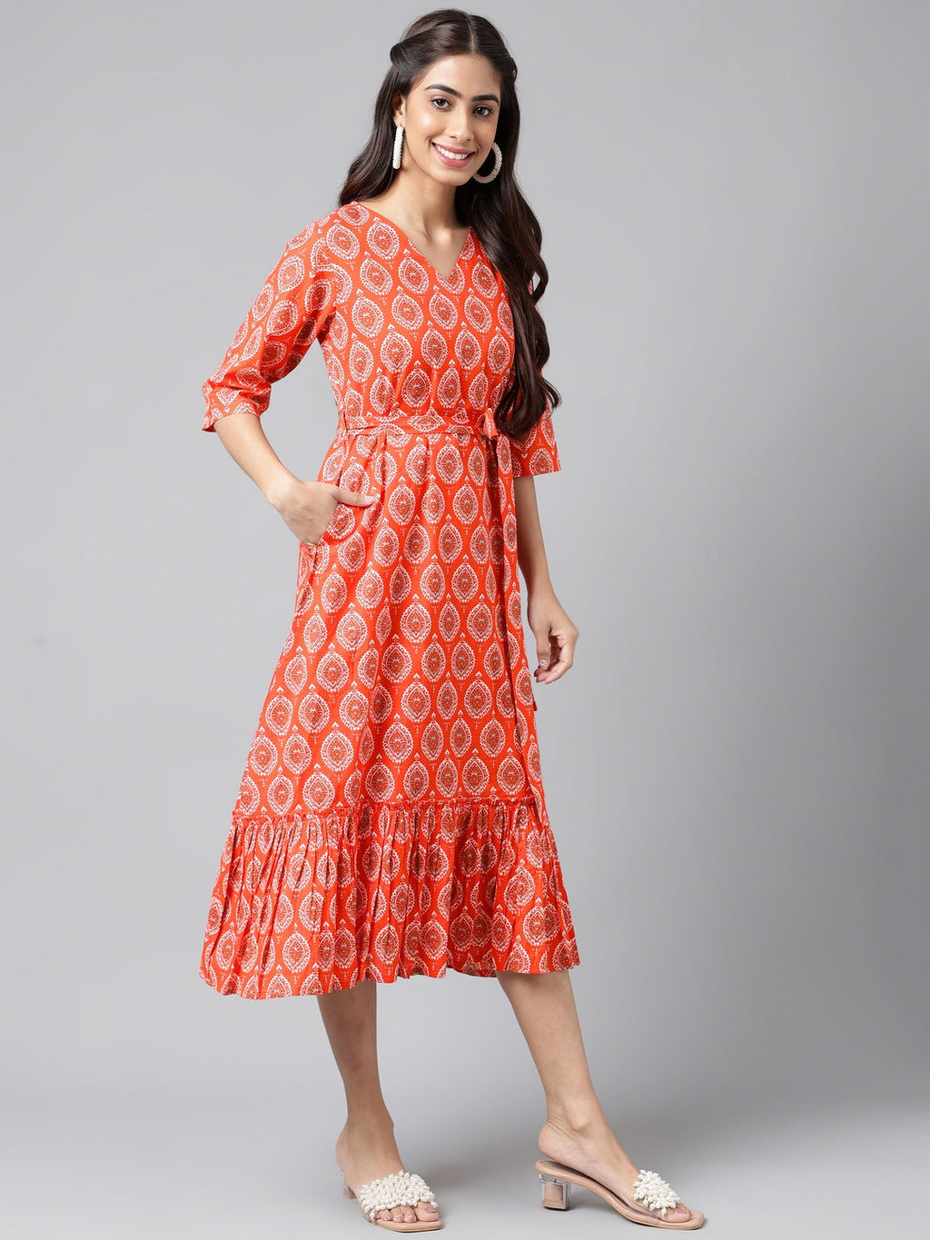 Janasya Women's Orange Cotton Ethnic Motifs Printed Ruffled Casual Dress
