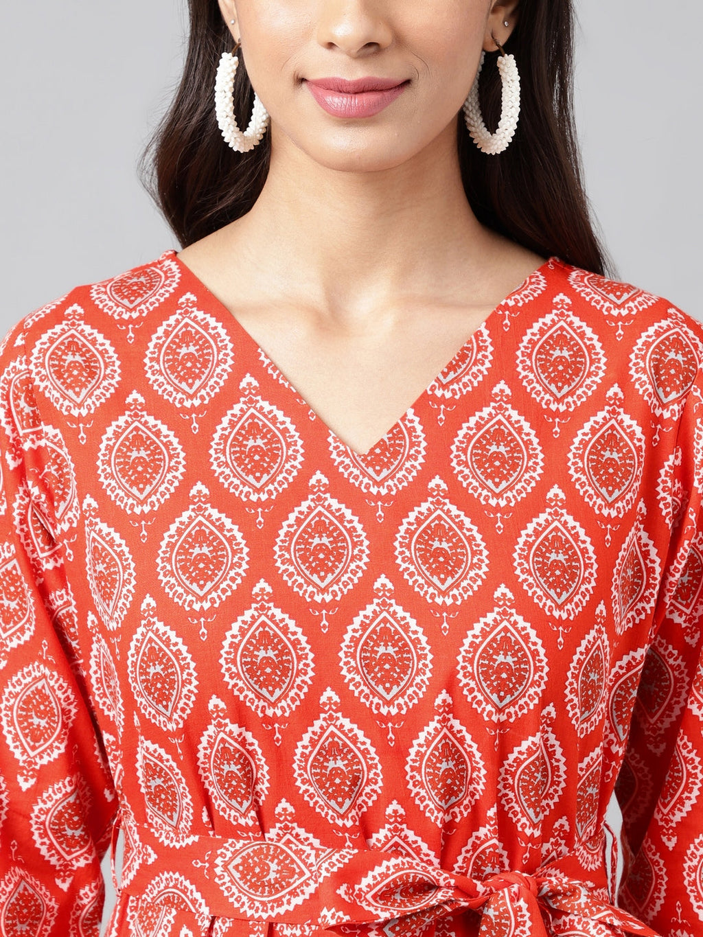 Janasya Women's Orange Cotton Ethnic Motifs Printed Ruffled Casual Dress