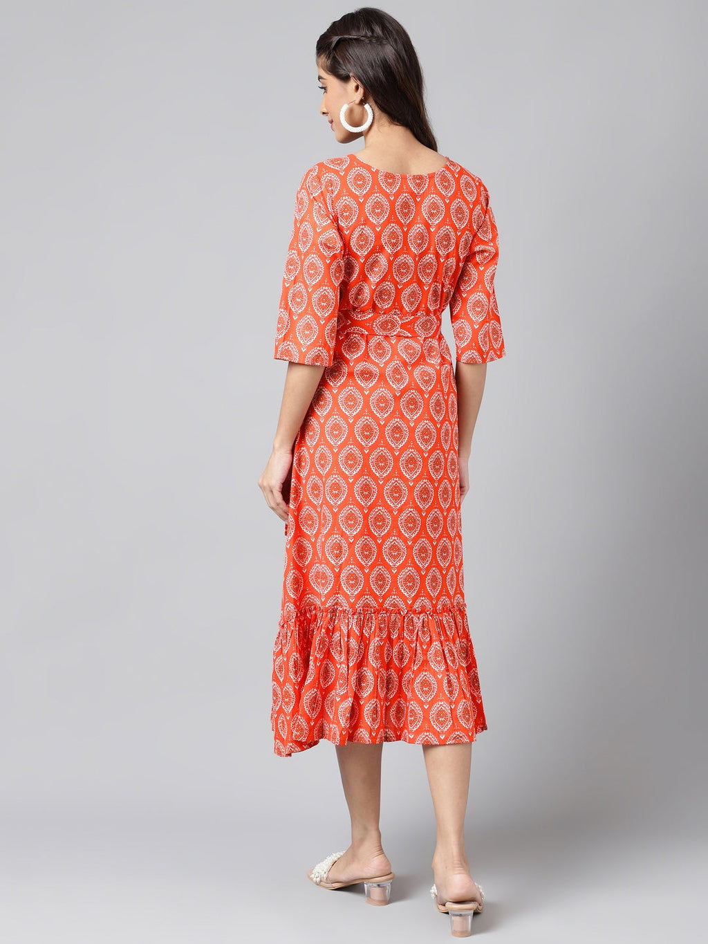 Janasya Women's Orange Cotton Ethnic Motifs Printed Ruffled Casual Dress