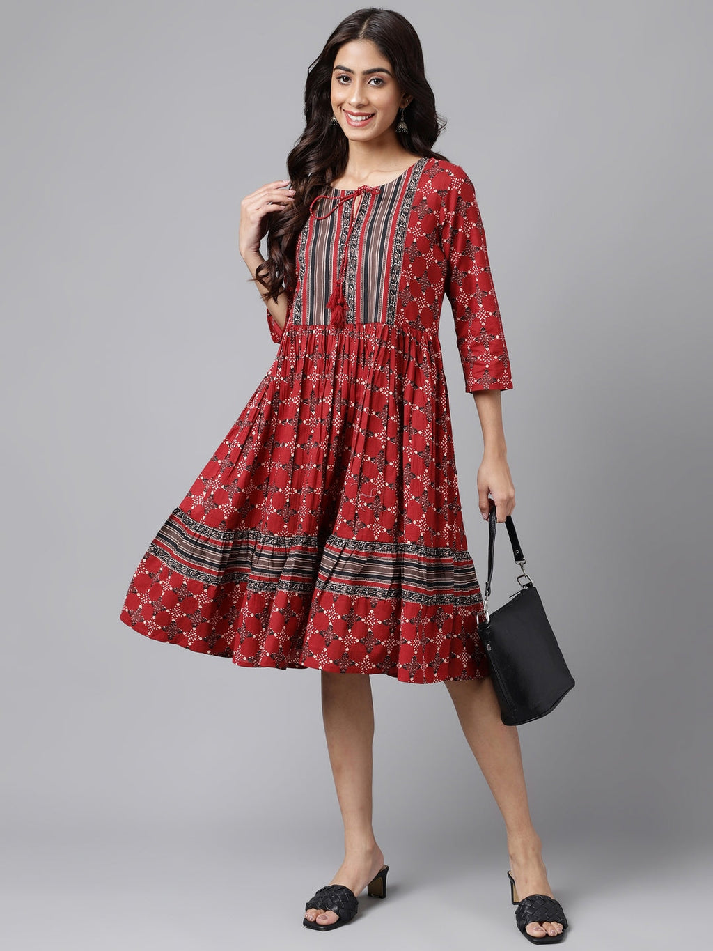 Janasya Women's Maroon Cotton Ethnic Motifs Printed Flared Casual Dress