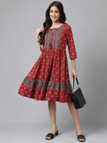 Janasya Women's Maroon Cotton Ethnic Motifs Printed Flared Casual Dress