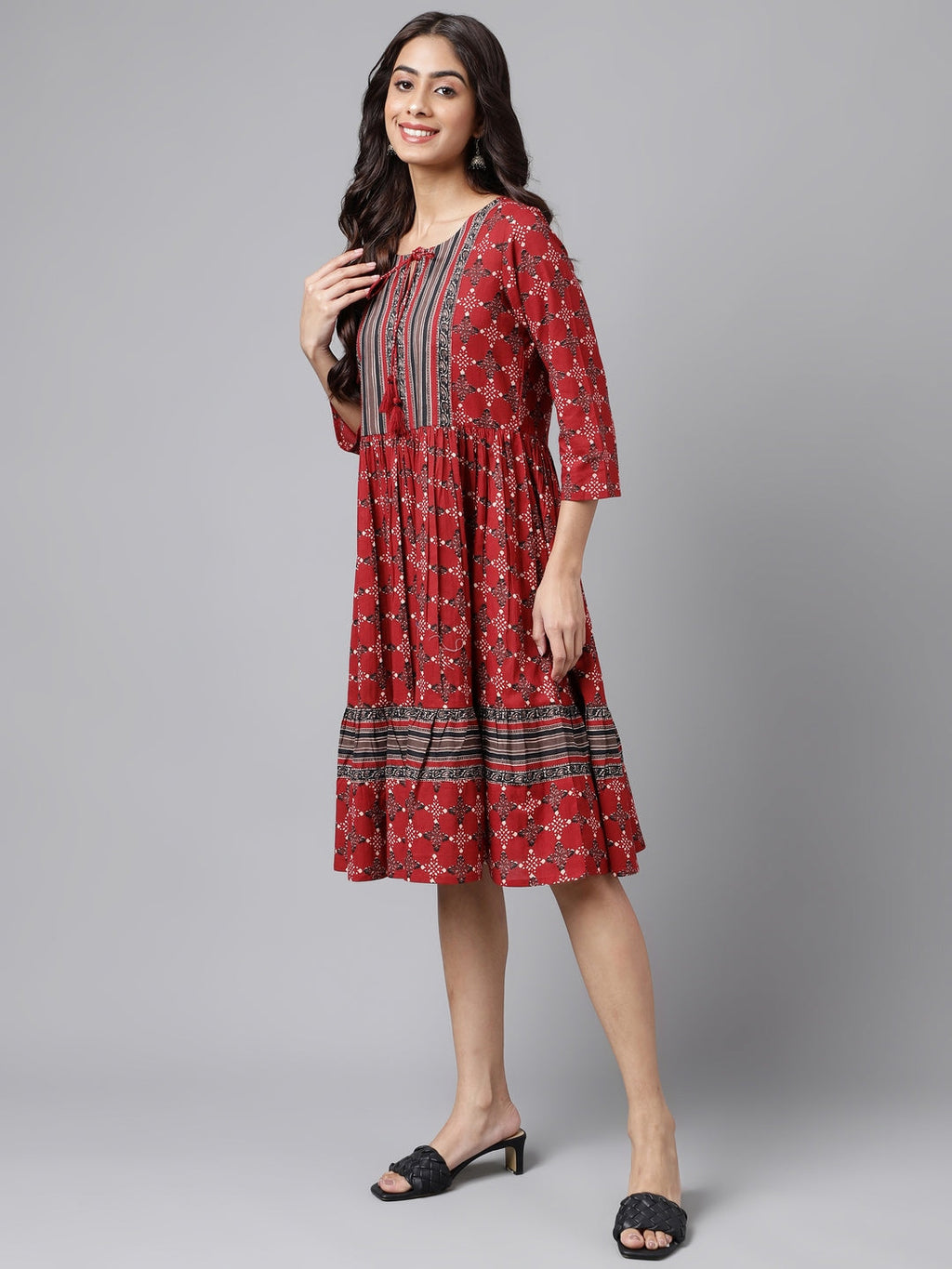 Janasya Women's Maroon Cotton Ethnic Motifs Printed Flared Casual Dress