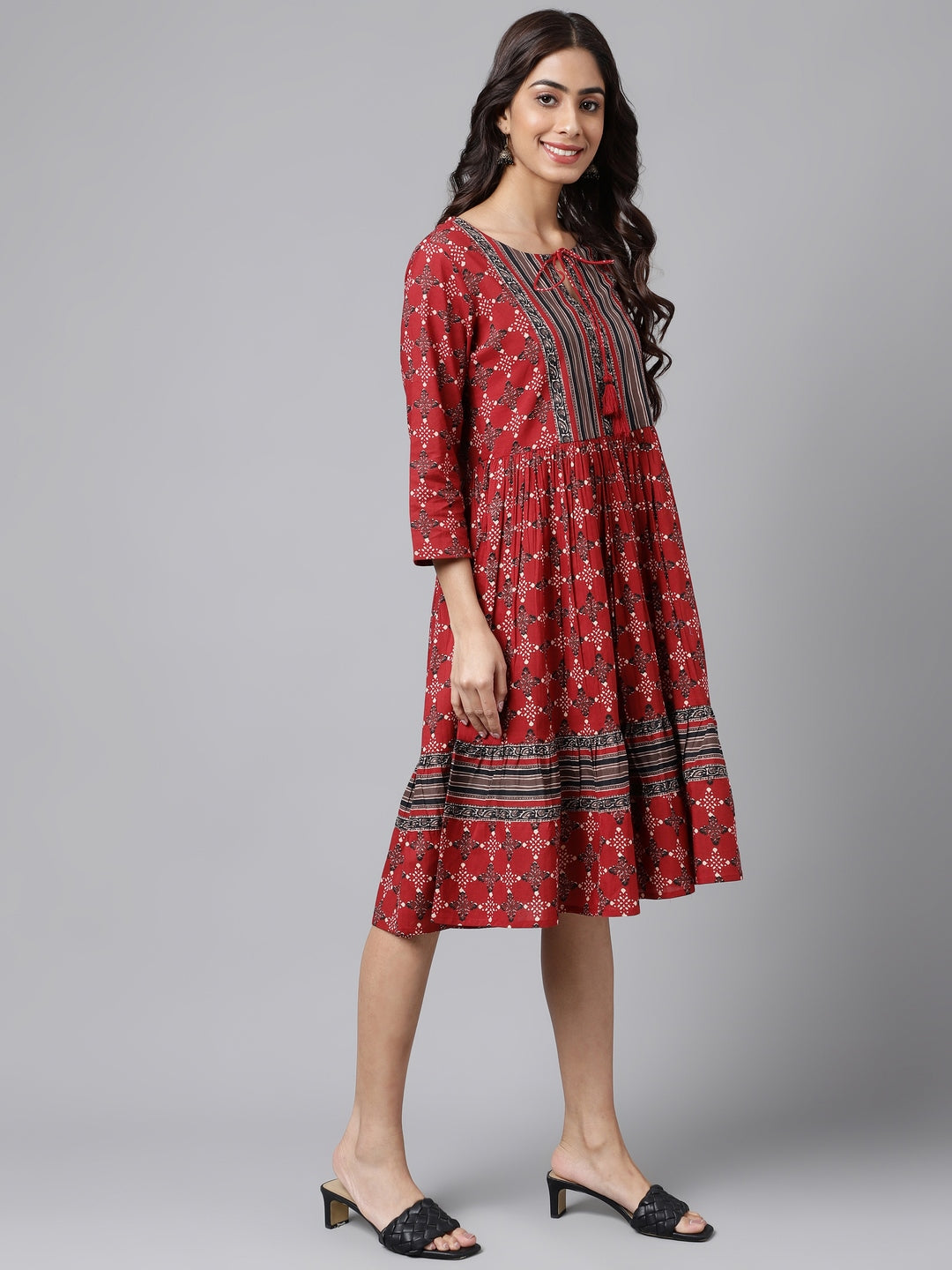 Janasya Women's Maroon Cotton Ethnic Motifs Printed Flared Casual Dress