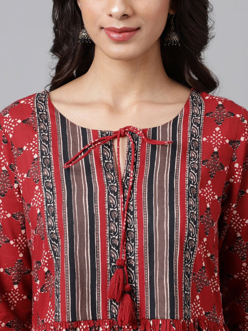Janasya Women's Maroon Cotton Ethnic Motifs Printed Flared Casual Dress