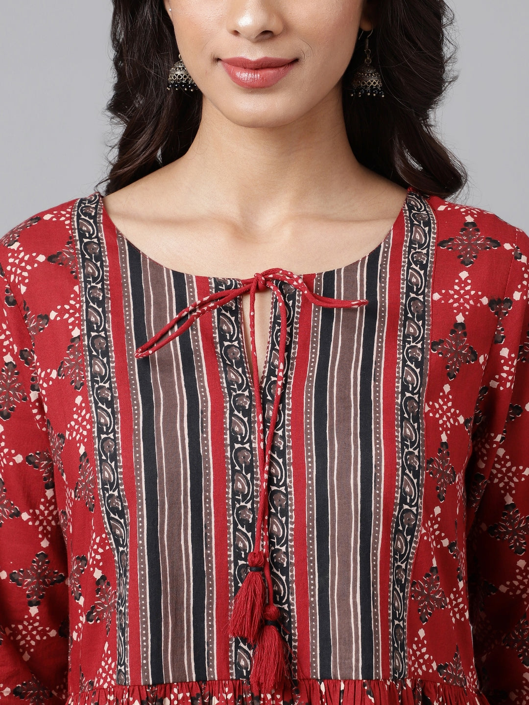 Janasya Women's Maroon Cotton Ethnic Motifs Printed Flared Casual Dress