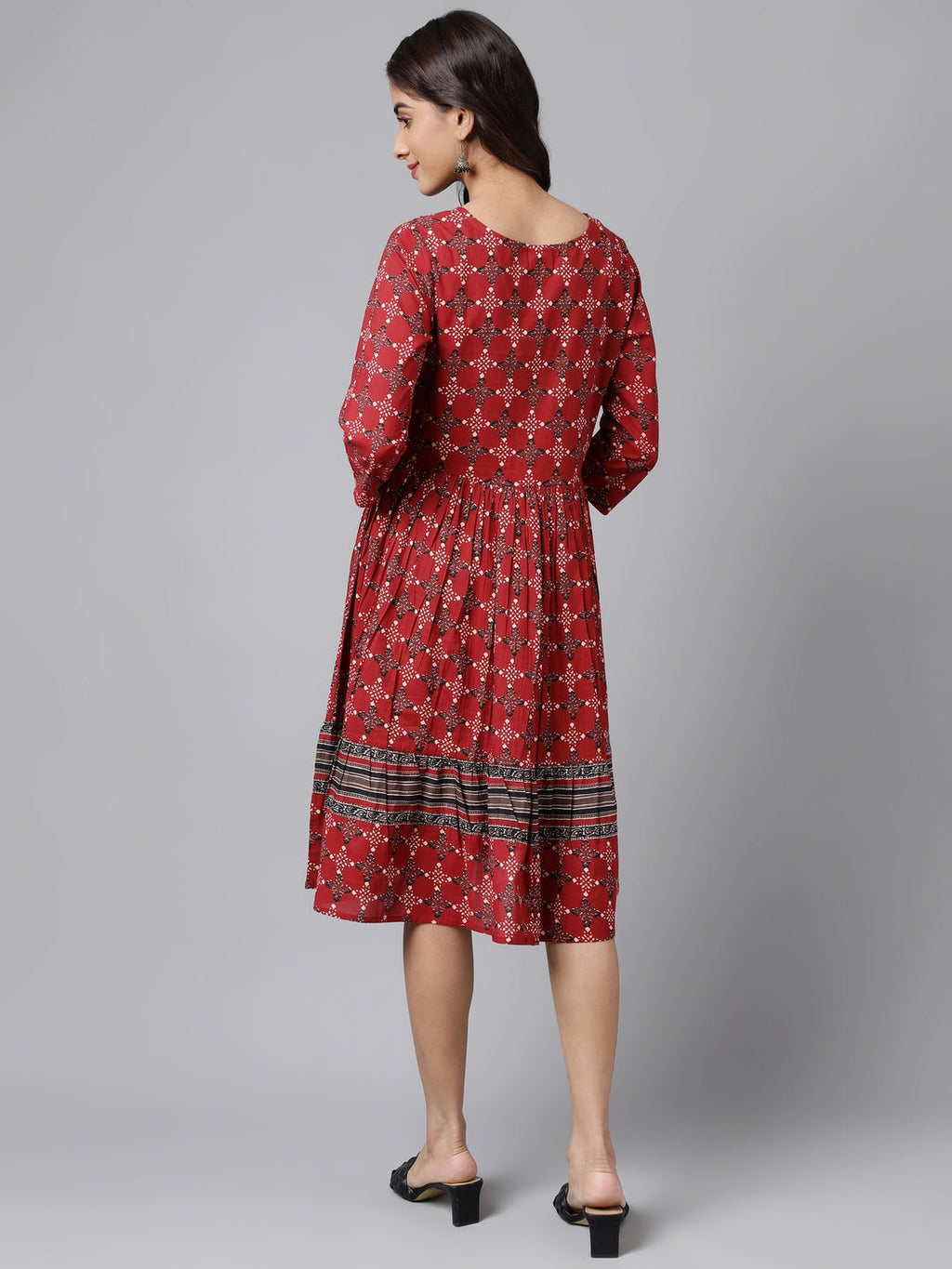 Janasya Women's Maroon Cotton Ethnic Motifs Printed Flared Casual Dress