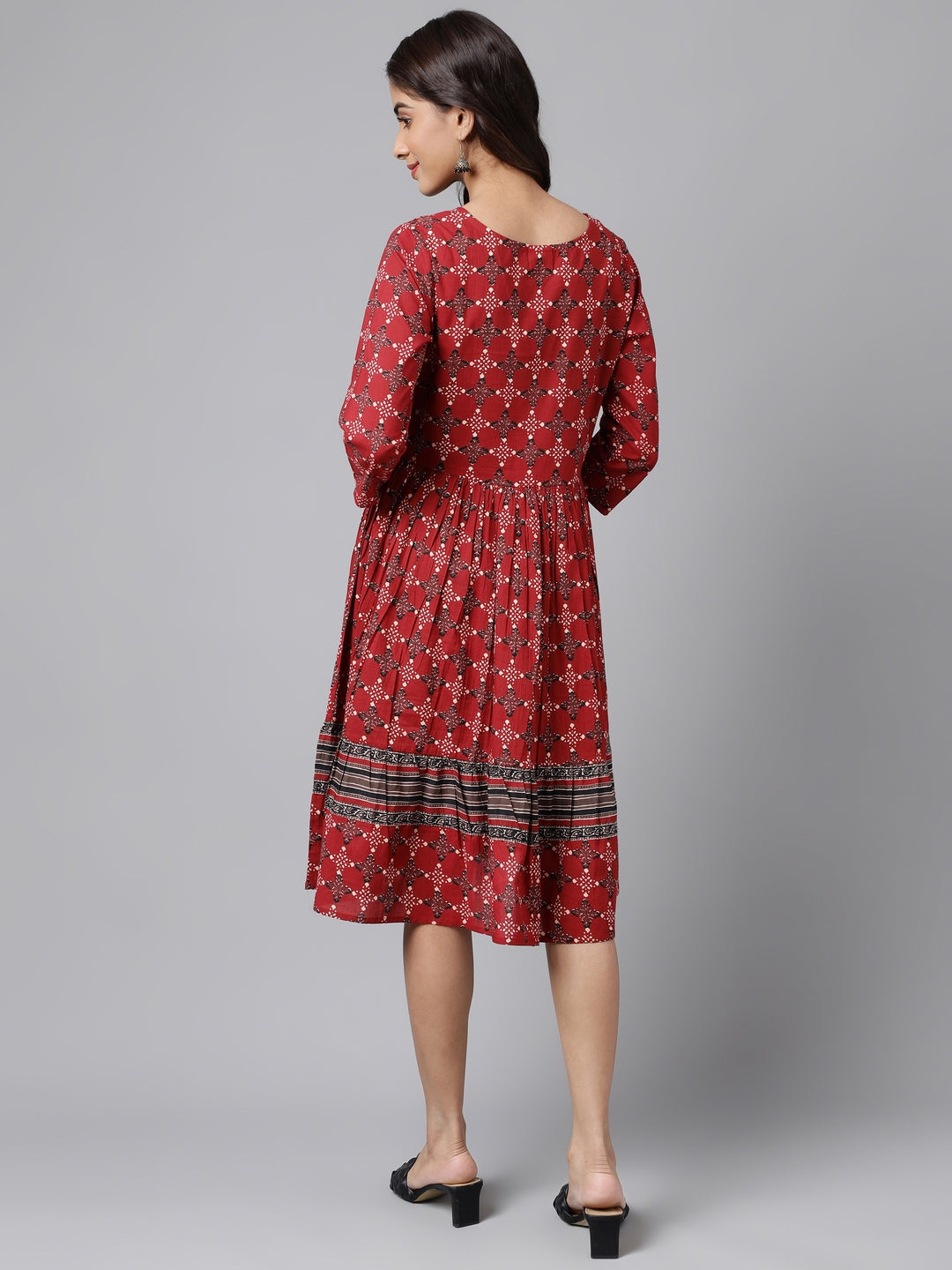 Janasya Women's Maroon Cotton Ethnic Motifs Printed Flared Casual Dress