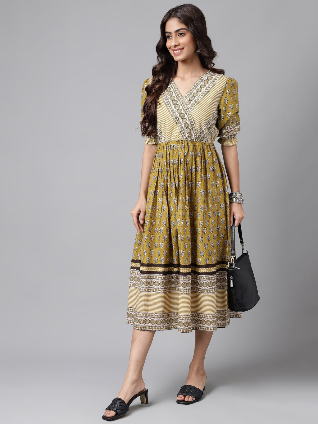 Janasya Women's Olive Green Cotton Floral Printed Gathered Casual Dress