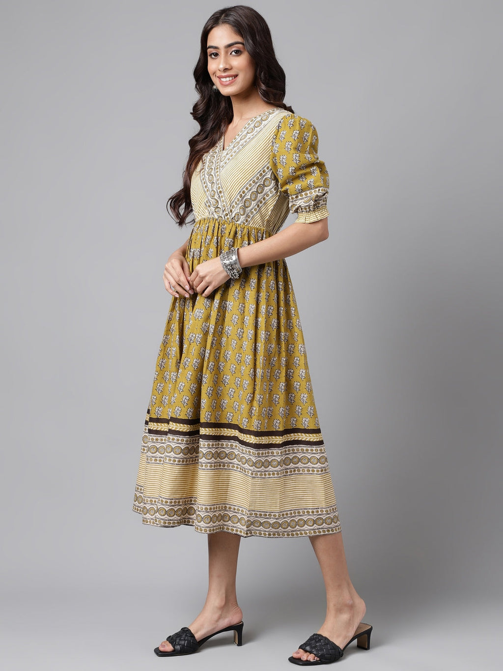 Janasya Women's Olive Green Cotton Floral Printed Gathered Casual Dress