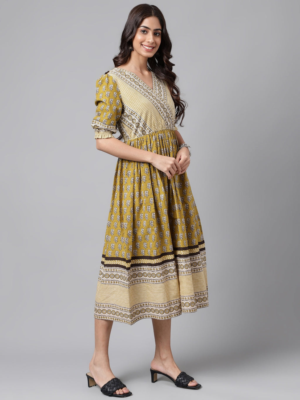 Janasya Women's Olive Green Cotton Floral Printed Gathered Casual Dress