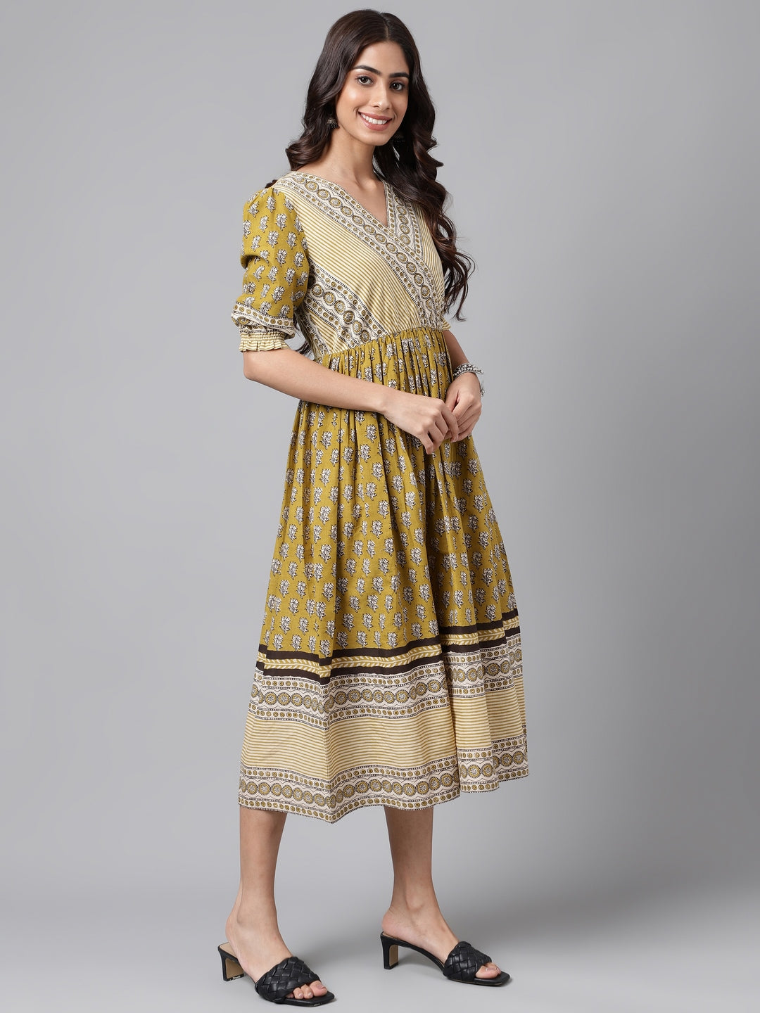 Janasya Women's Olive Green Cotton Floral Printed Gathered Casual Dress