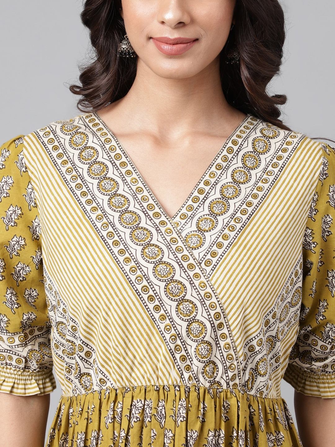 Janasya Women's Olive Green Cotton Floral Printed Gathered Casual Dress