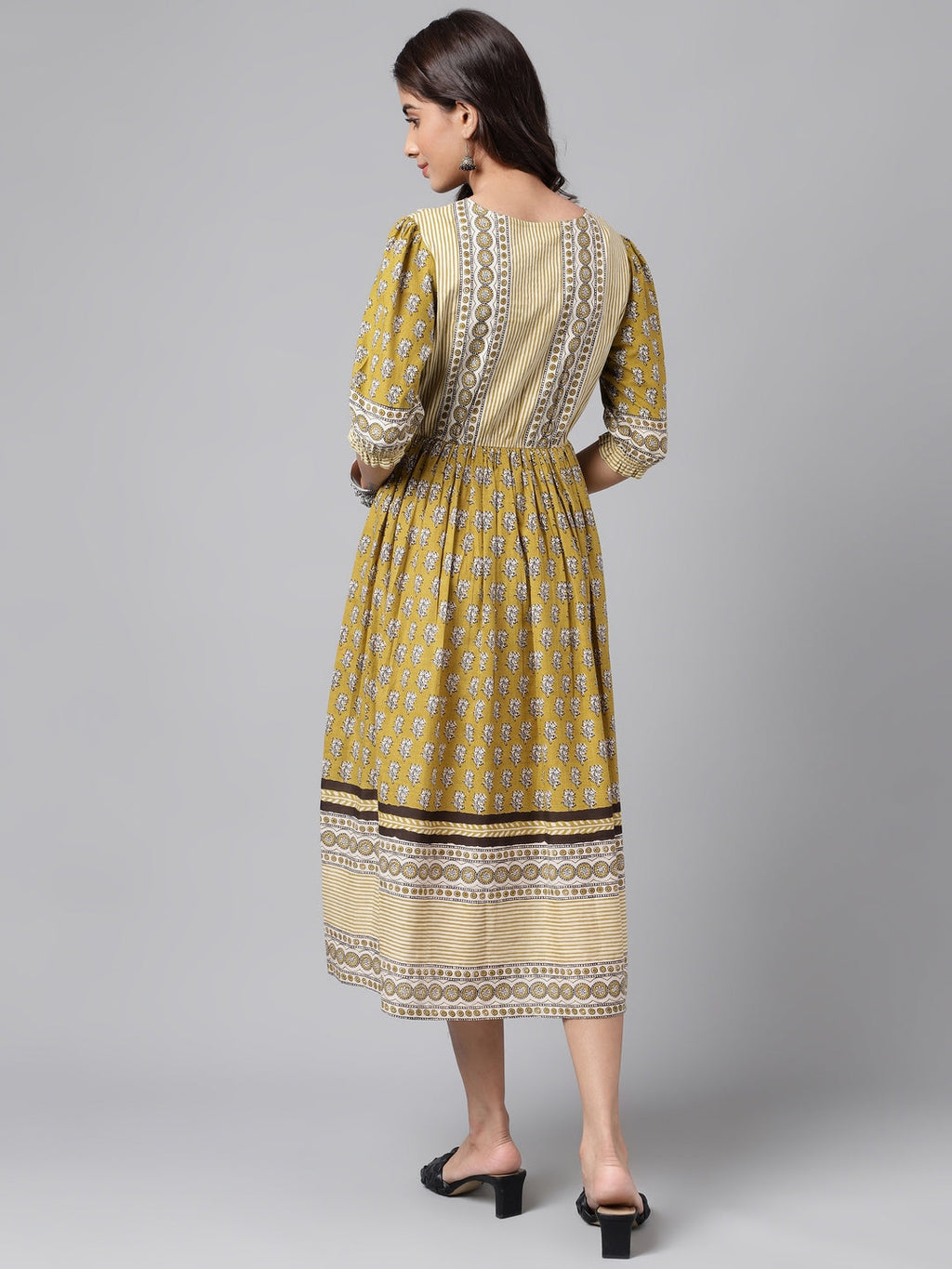 Janasya Women's Olive Green Cotton Floral Printed Gathered Casual Dress