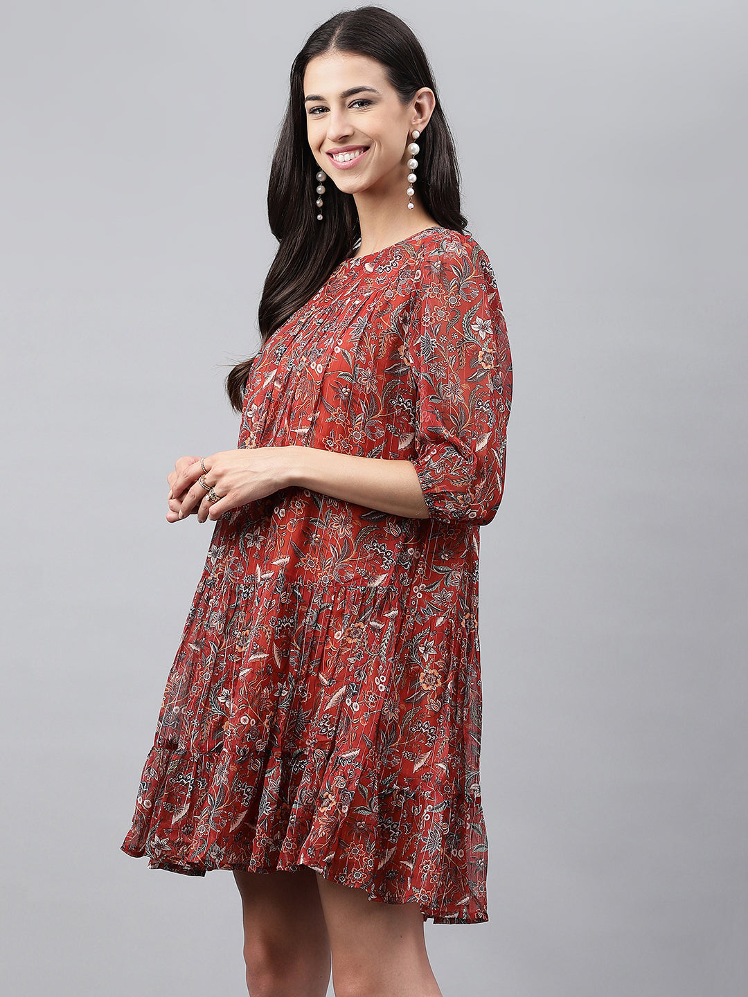 Janasya Women's Rust Chiffon Lurex Floral Printed Tiered Casual Dress