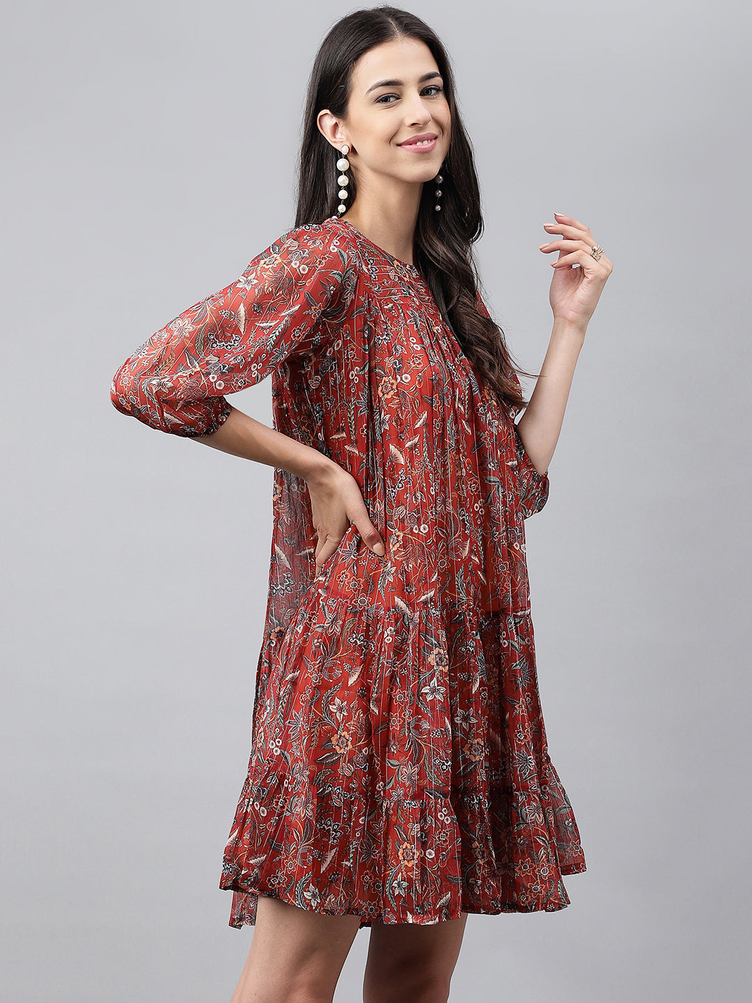 Janasya Women's Rust Chiffon Lurex Floral Printed Tiered Casual Dress
