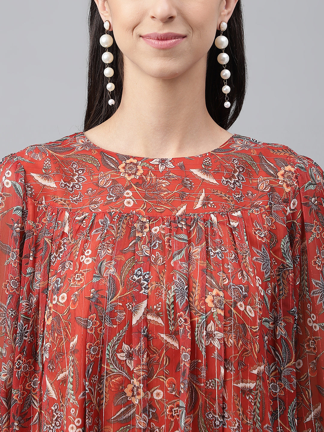 Janasya Women's Rust Chiffon Lurex Floral Printed Tiered Casual Dress