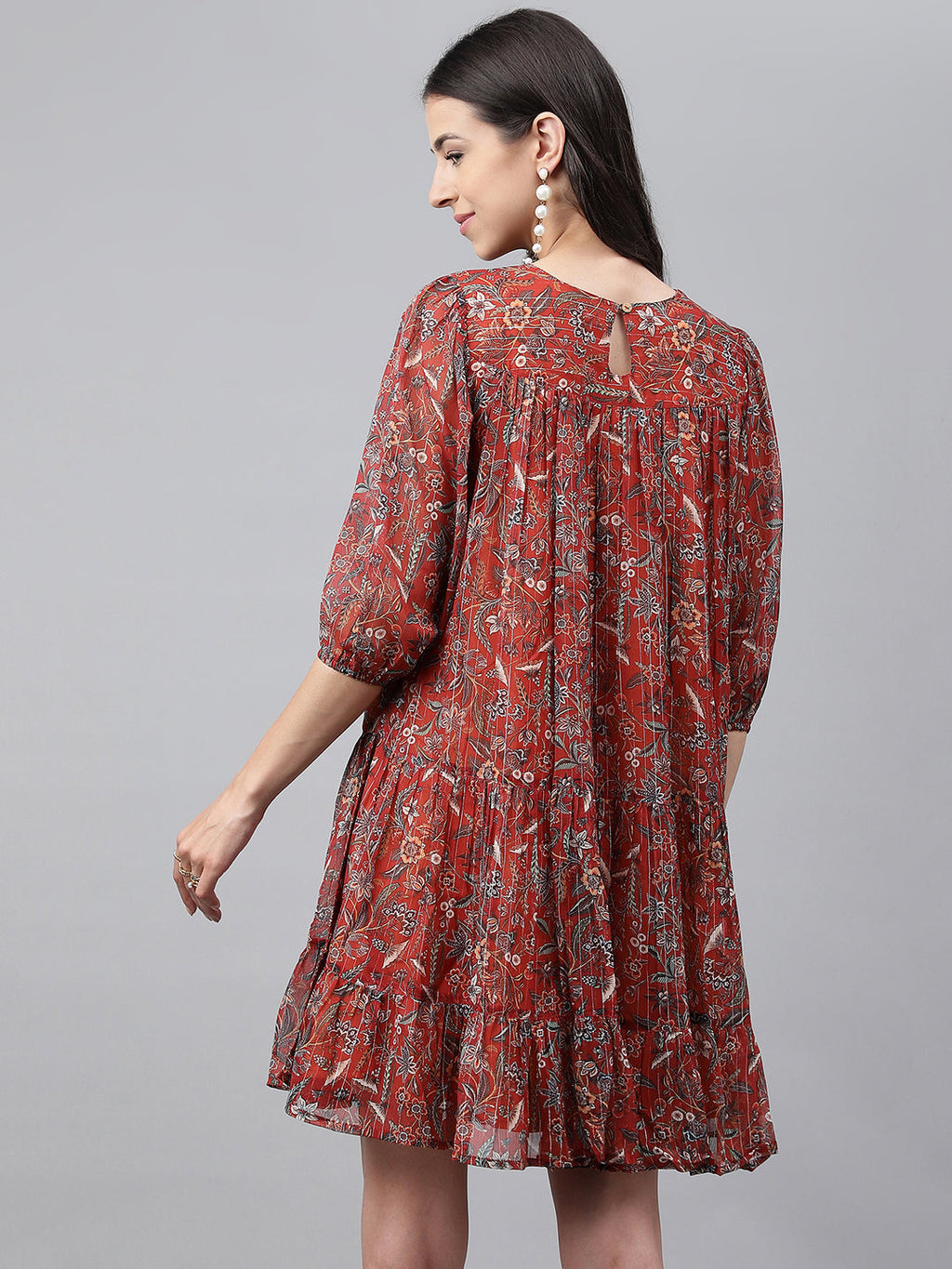 Janasya Women's Rust Chiffon Lurex Floral Printed Tiered Casual Dress