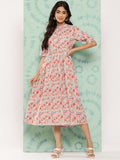 Janasya Women's Peach Cotton Floral Printed Gathered Casual Dress