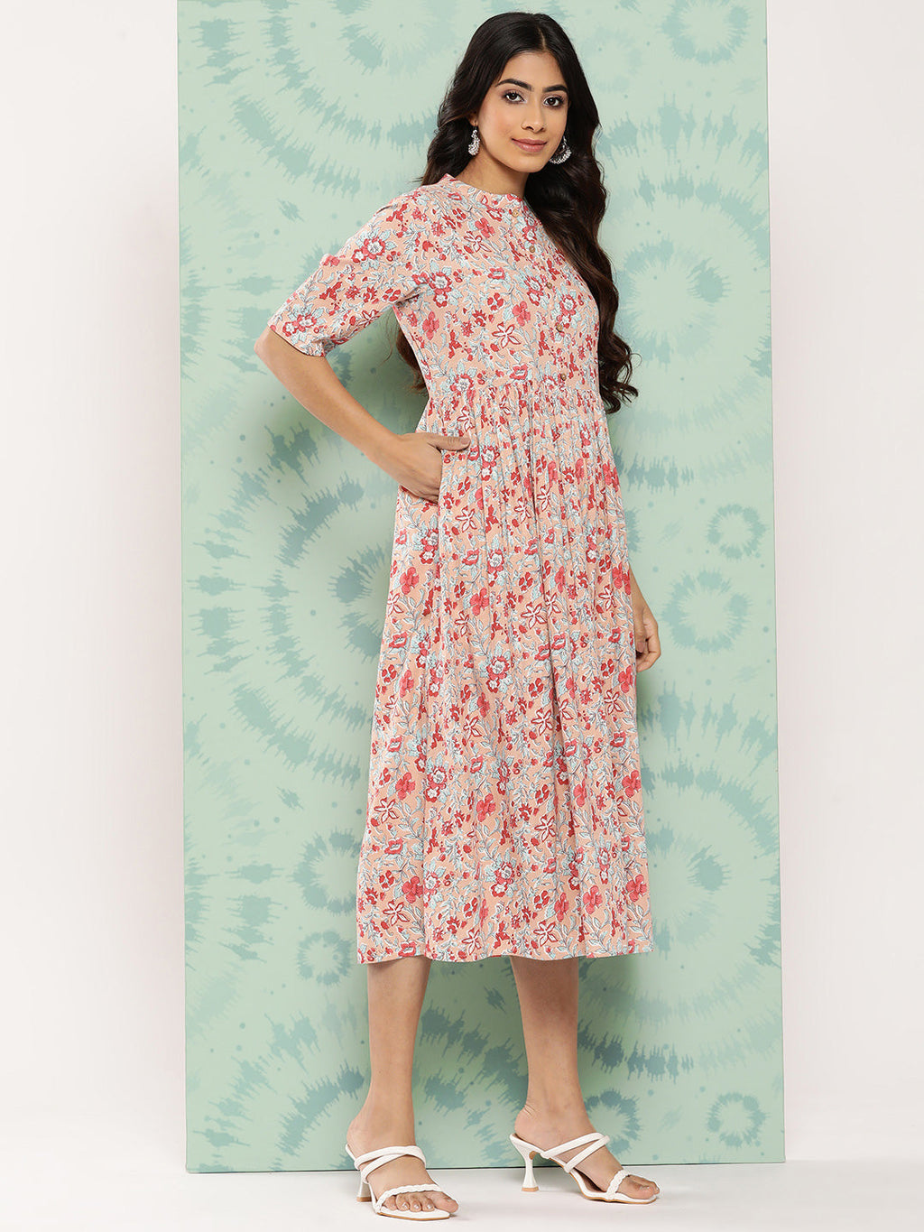 Janasya Women's Peach Cotton Floral Printed Gathered Casual Dress