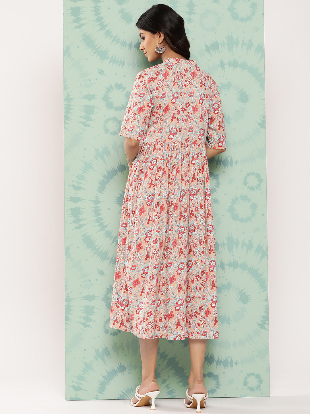 Janasya Women's Peach Cotton Floral Printed Gathered Casual Dress
