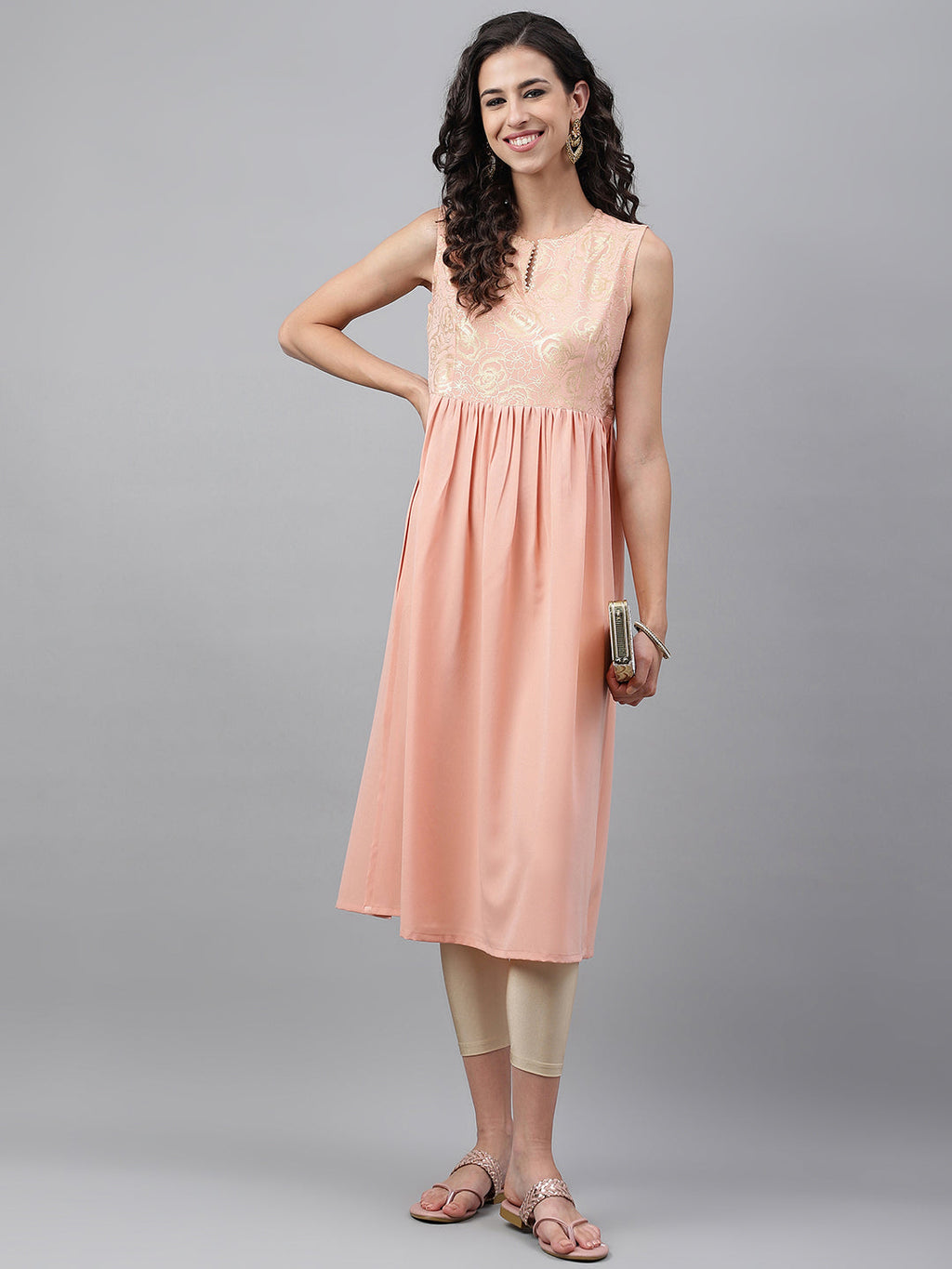 Janasya Women's Peach Crepe Foil Printed Festive Gathered Kurta