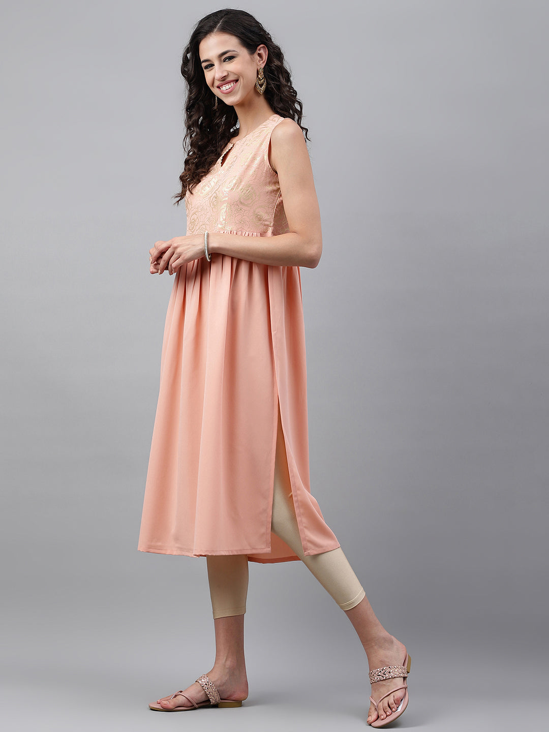 Janasya Women's Peach Crepe Foil Printed Festive Gathered Kurta