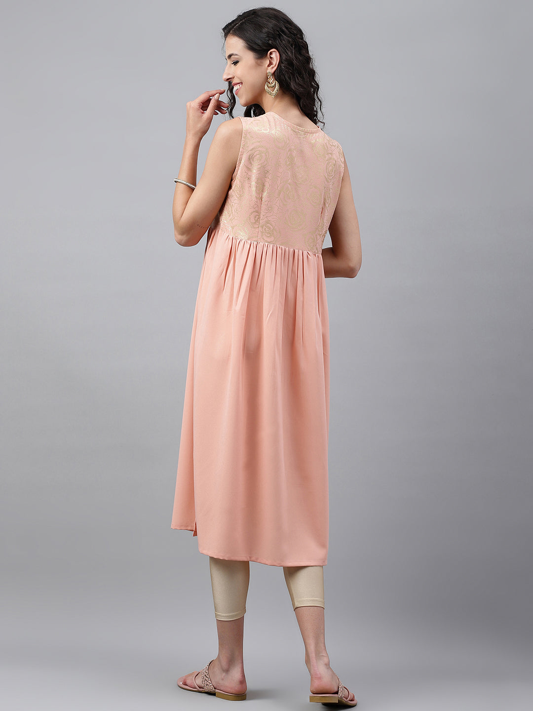 Janasya Women's Peach Crepe Foil Printed Festive Gathered Kurta