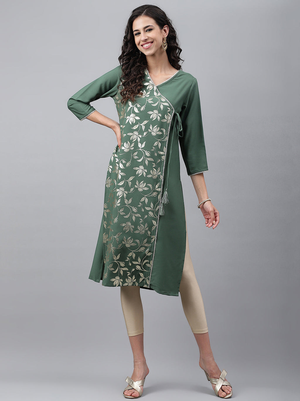 Janasya Women's Green Crepe Foil Printed Festive Angrakha Kurta