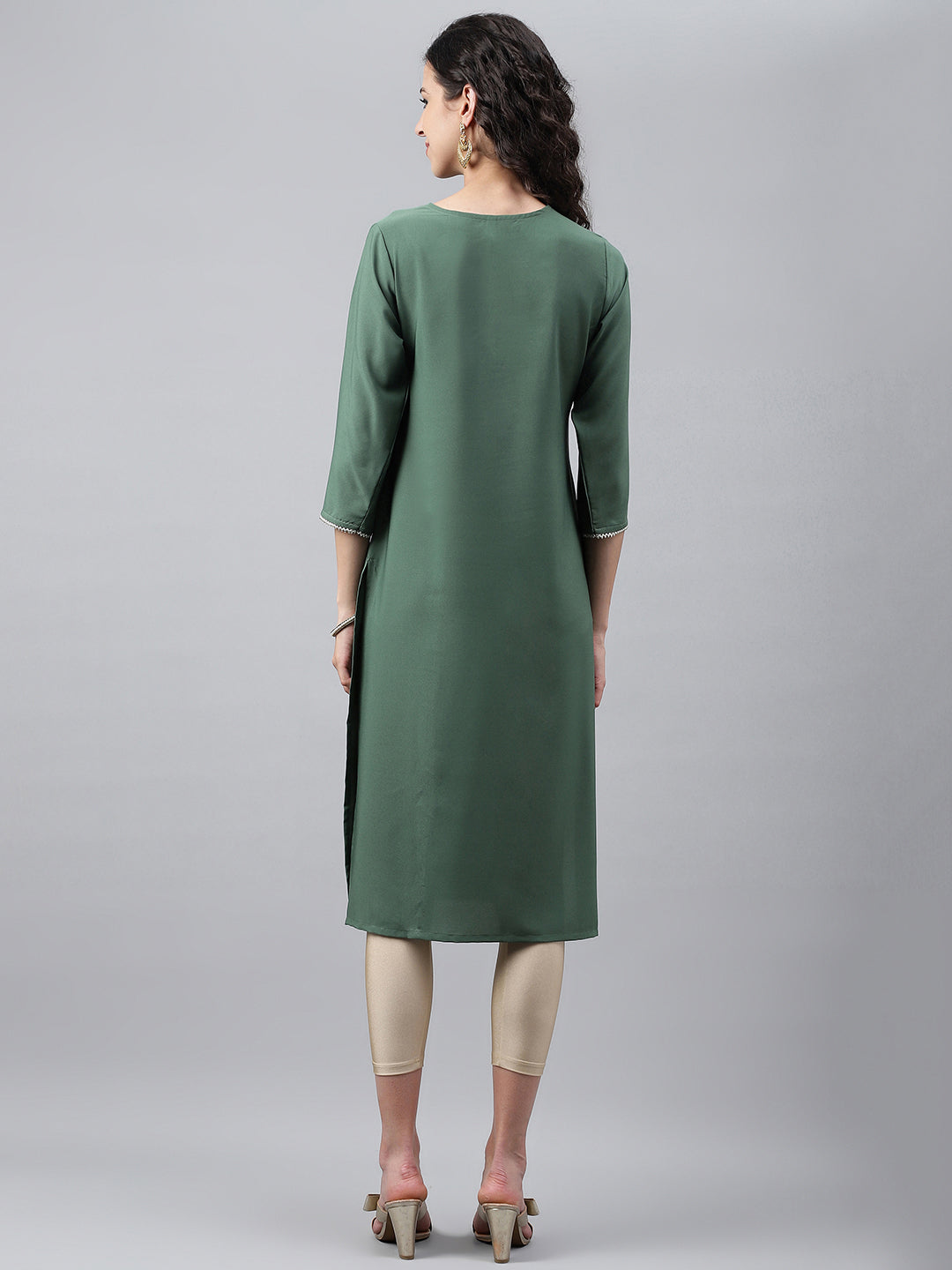 Janasya Women's Green Crepe Foil Printed Festive Angrakha Kurta