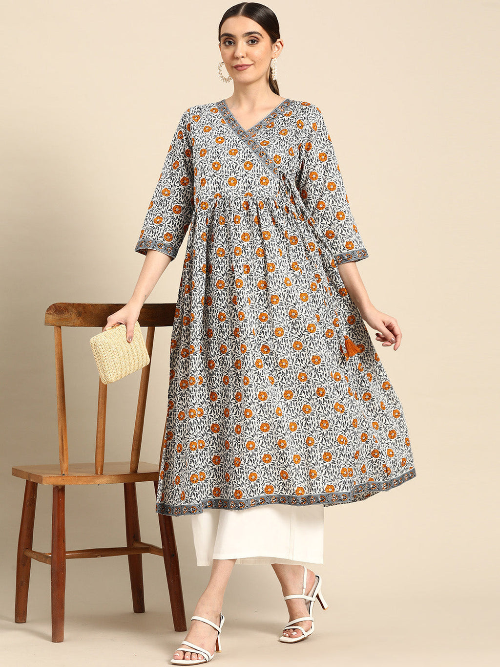 Janasya Women's White Cotton Floral Printed Casual Angrakha Kurta
