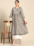 Janasya Women's White Cotton Floral Printed Casual Angrakha Kurta