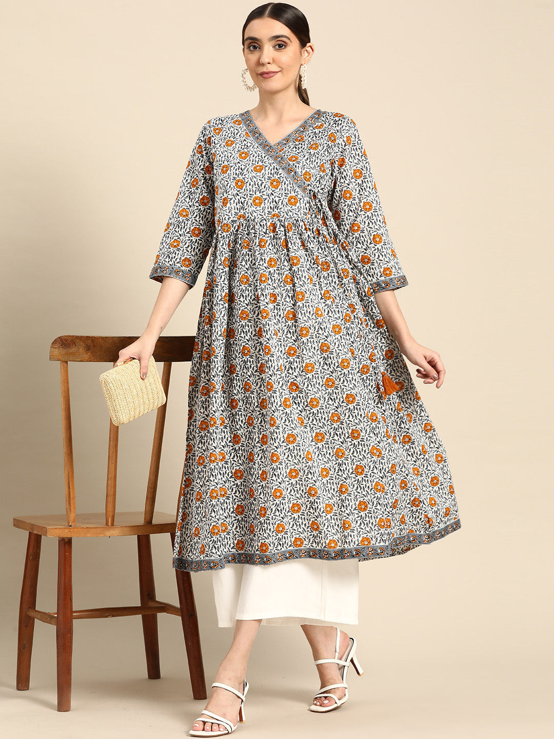 Janasya Women's White Cotton Floral Printed Casual Angrakha Kurta