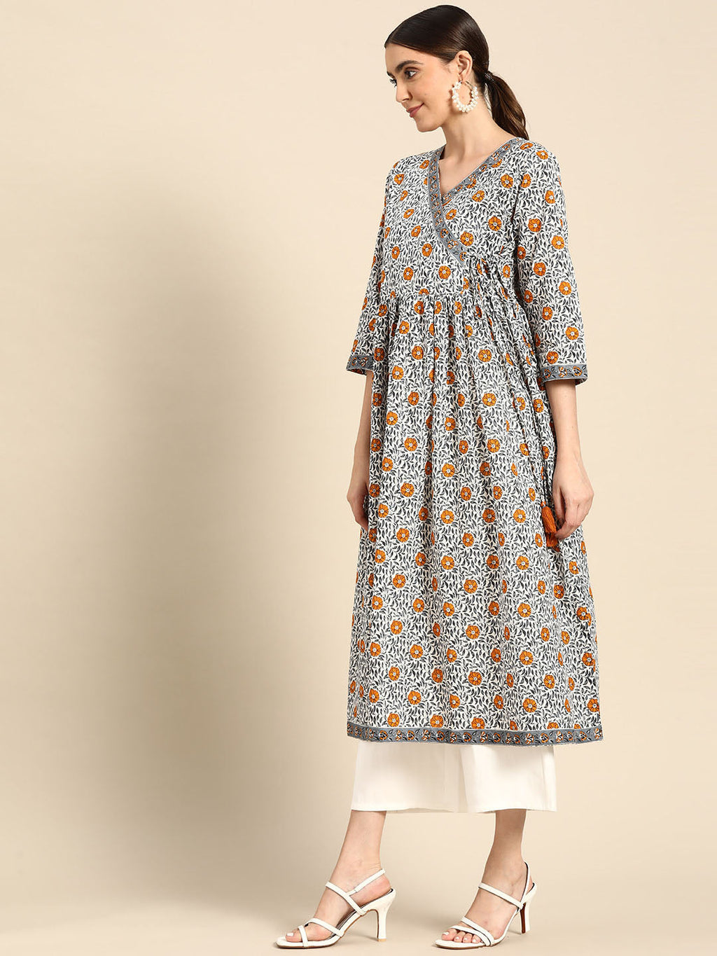 Janasya Women's White Cotton Floral Printed Casual Angrakha Kurta