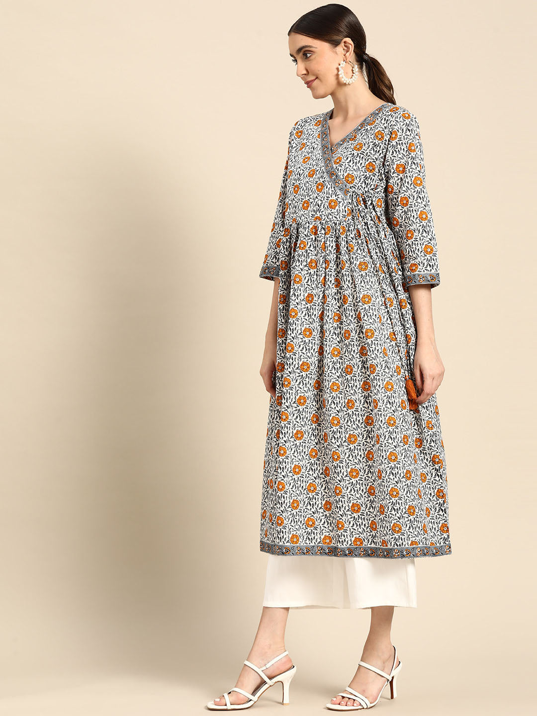 Janasya Women's White Cotton Floral Printed Casual Angrakha Kurta