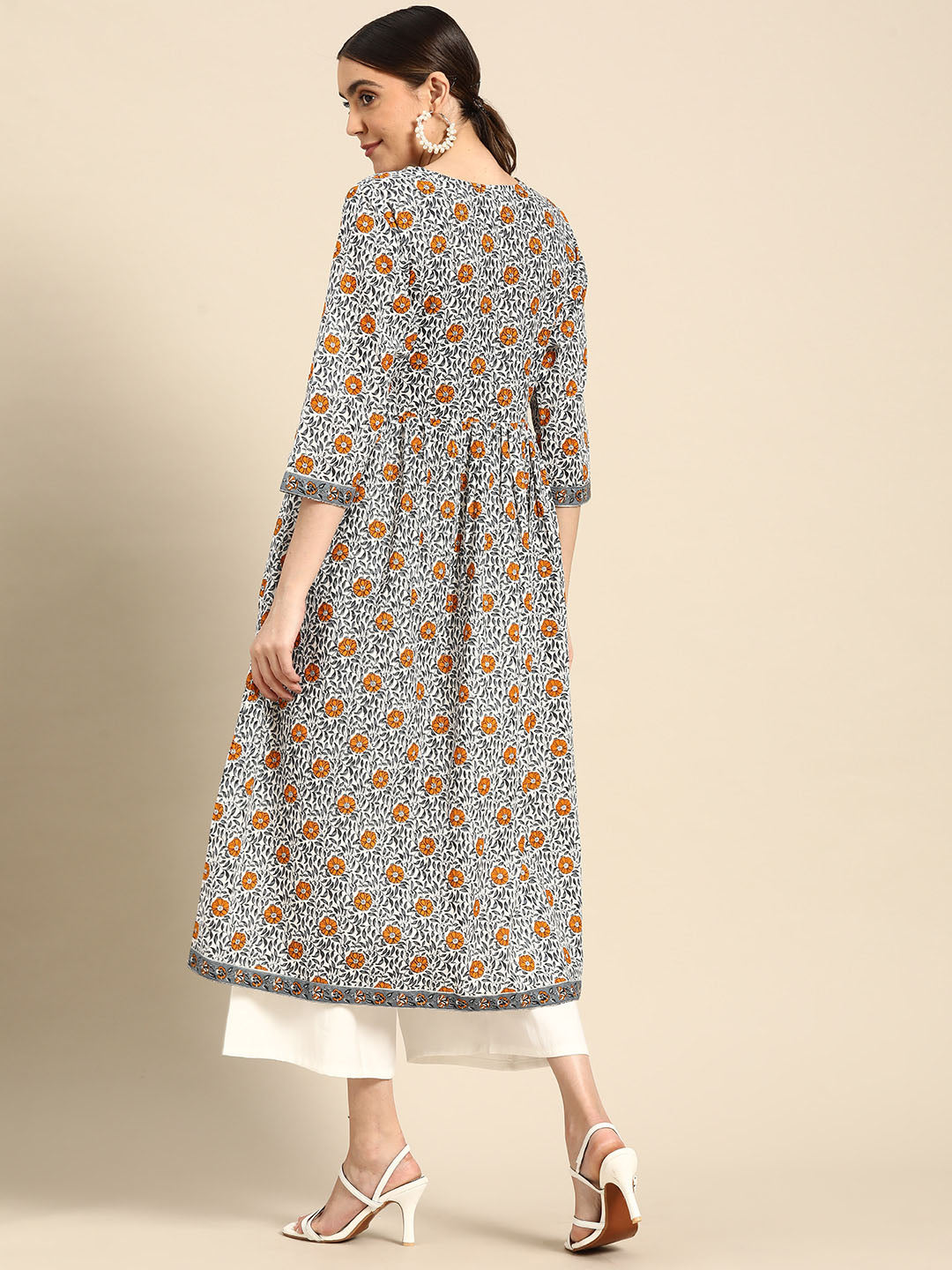 Janasya Women's White Cotton Floral Printed Casual Angrakha Kurta