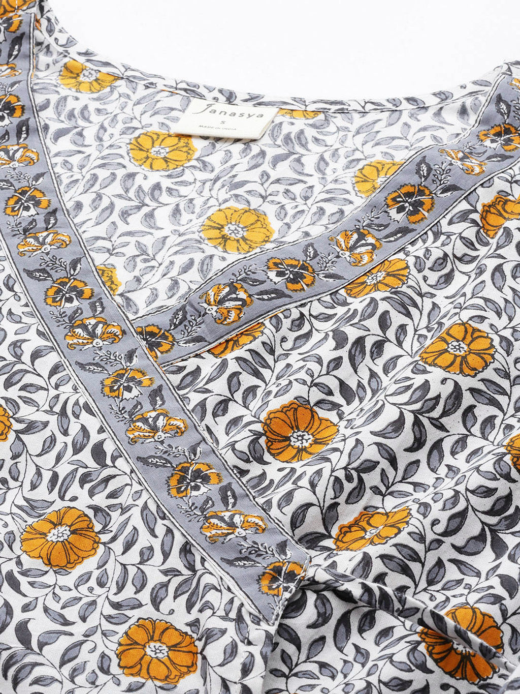 Janasya Women's White Cotton Floral Printed Casual Angrakha Kurta
