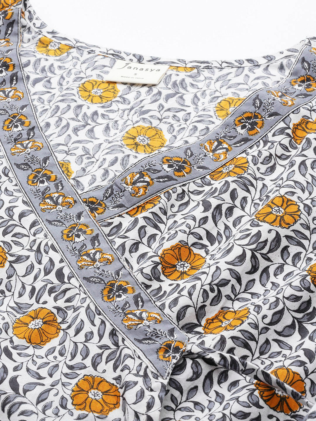 Janasya Women's White Cotton Floral Printed Casual Angrakha Kurta