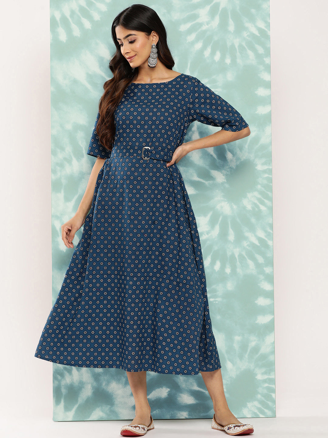 Janasya Women's Navy Blue Cotton Floral Printed A Line Casual Dress