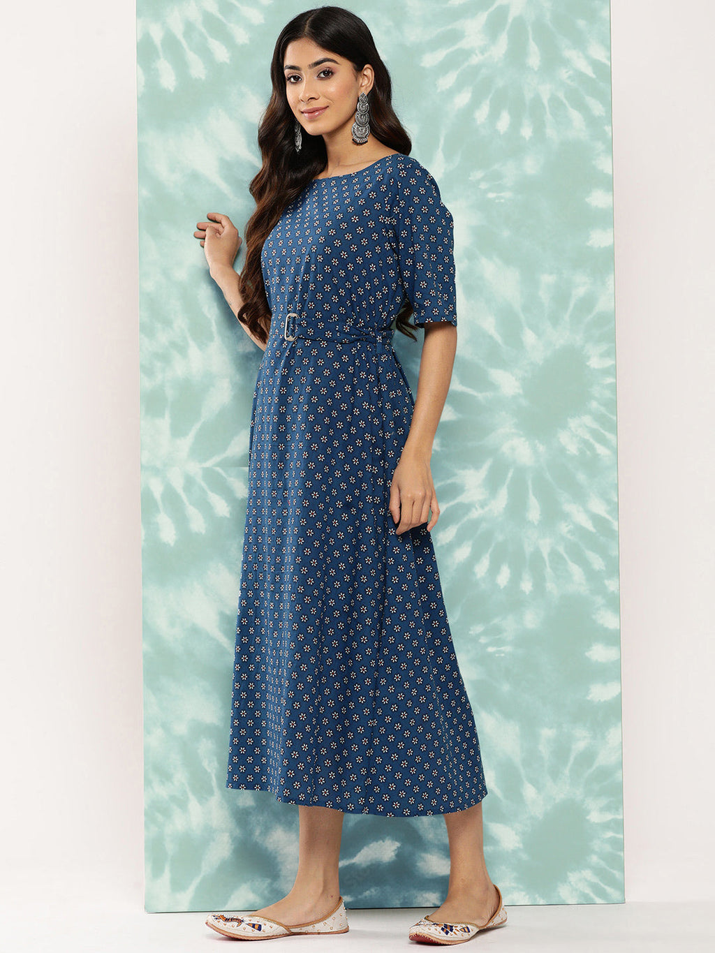 Janasya Women's Navy Blue Cotton Floral Printed A Line Casual Dress