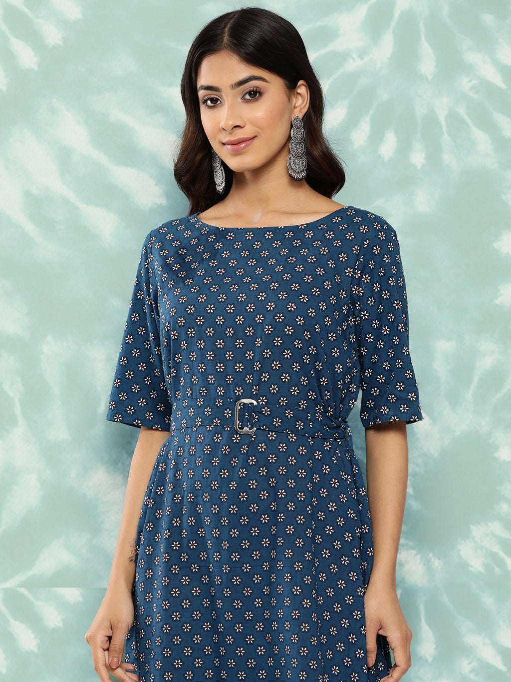Janasya Women's Navy Blue Cotton Floral Printed A Line Casual Dress