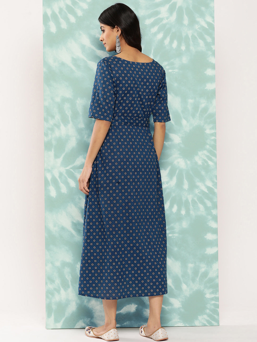 Janasya Women's Navy Blue Cotton Floral Printed A Line Casual Dress