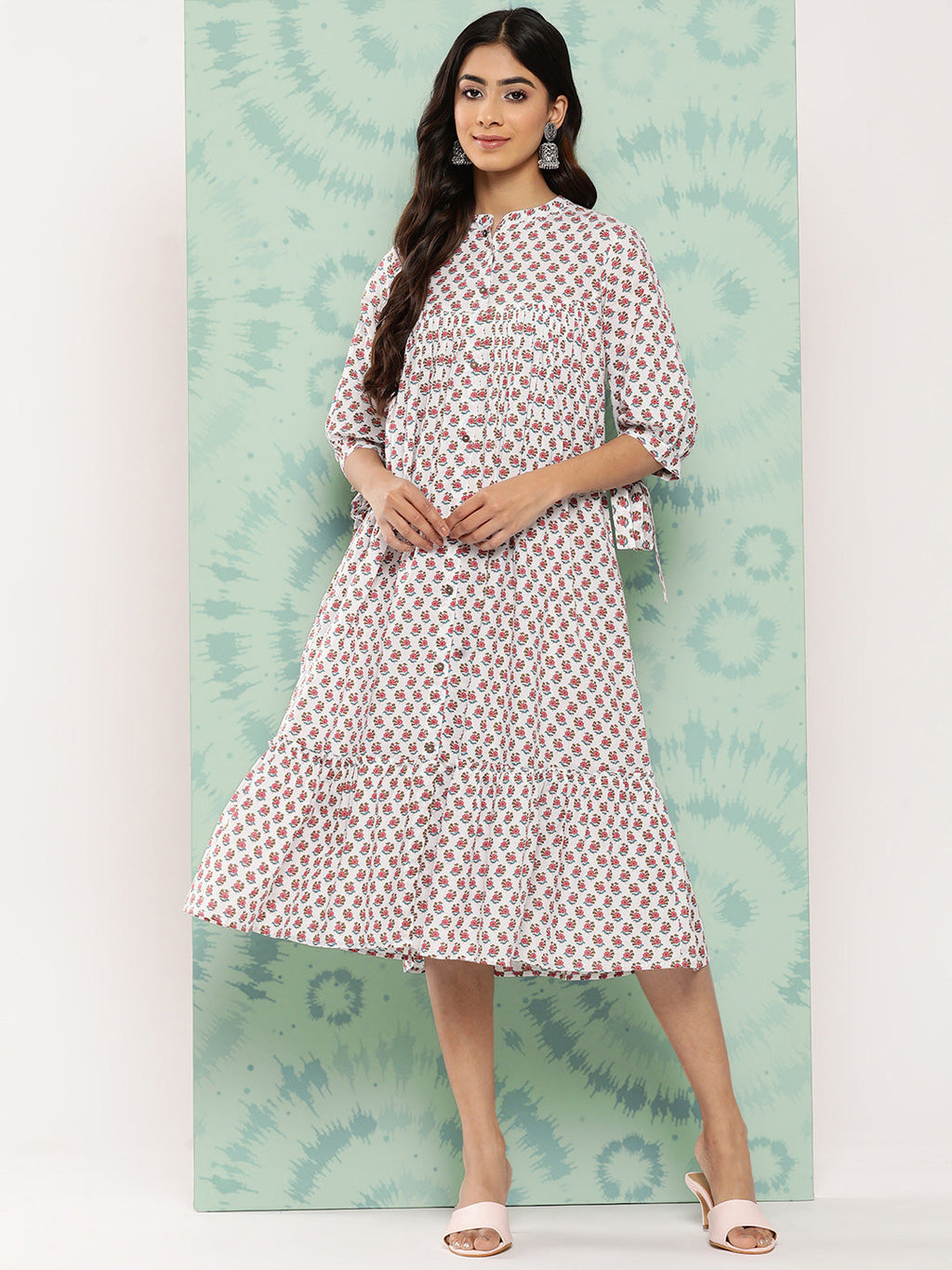 Janasya Women's White Cotton Floral Printed Gathered Casual Dress
