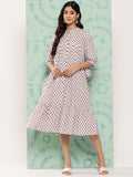 Janasya Women's White Cotton Floral Printed Gathered Casual Dress